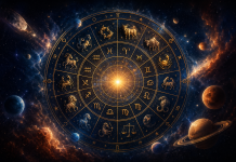 კვირის ფინანსური ასტროლოგიური პროგნოზი ზოდიაქოს ყველა ნიშნისთვის Circular golden zodiac wheel with astrological symbols set against a starry space background and planets orbiting.