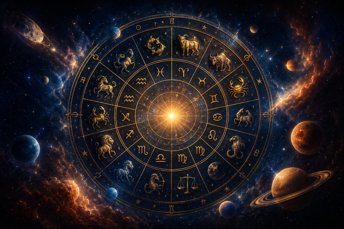 Circular golden zodiac wheel with astrological symbols set against a starry space background and planets orbiting.