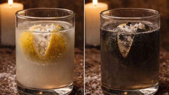 Two margarita-style cocktails in rocks glasses with lemon wedges and salted rims, lit by candles (one pale, one dark).