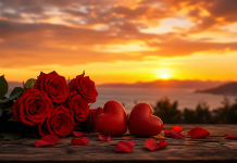 მაისის თვის სასიყვარულო პროგნოზი Bouquet of red roses and two red hearts on a weathered wooden table at sunset over the water.