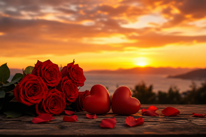 Bouquet of red roses and two red hearts on a weathered wooden table at sunset over the water.