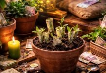 როგორ შევქმნათ კეთილდღეობის ენერგია საკუთარ სახლში Pot with soil and small money plants made from rolled dollar bills sprouting, surrounded by cash and coins on a wooden table.