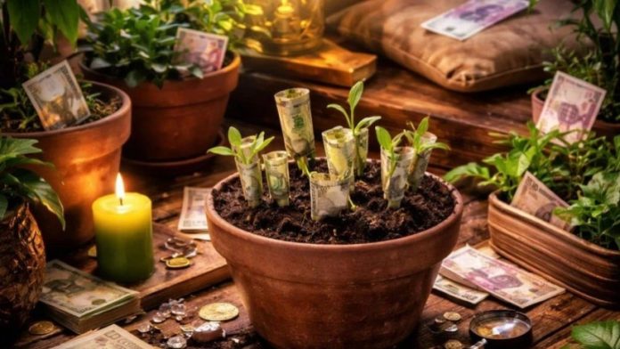 Pot with soil and small money plants made from rolled dollar bills sprouting, surrounded by cash and coins on a wooden table.
