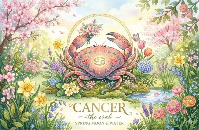 Decorative illustration of a pink crab (Cancer) encircled by a golden ring, set in a lush spring garden with blooming flowers and a small pond beneath the text 'Cancer the crab'.